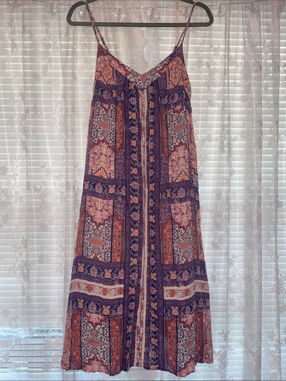 Lucky Brand Purple and Orange Boho Maxi Dress with Spaghetti Straps